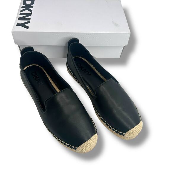 DKNY Black Leather Espadrille Flats Size 10 Slip On Loafers Coastal Classic EUC - Picture 4 of 11